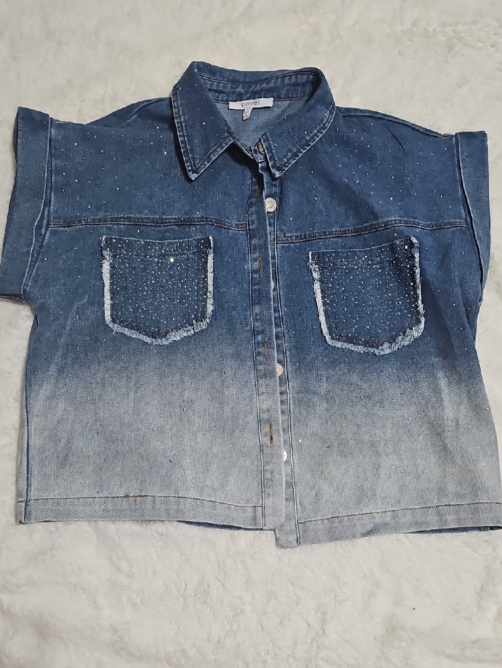 Pastels Blue Ombre Denim Jean Jacket with Studded Pockets